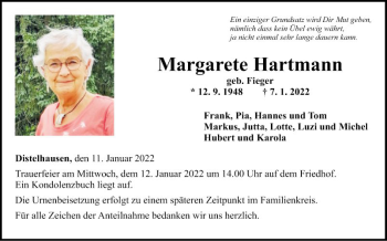 Traueranzeige von Margarete Hartmann von Fränkische Nachrichten