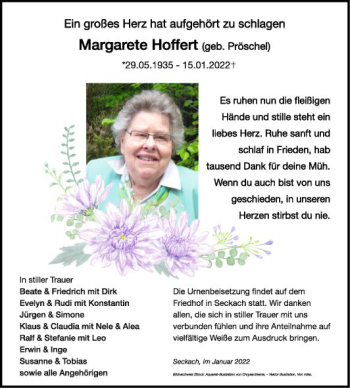 Traueranzeige von Margarete Hoffert von Fränkische Nachrichten