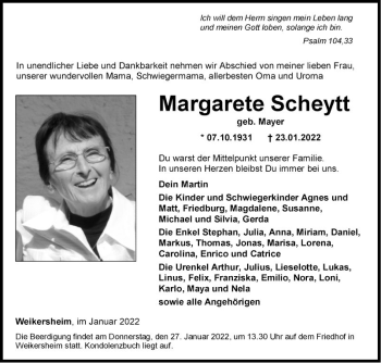 Traueranzeige von Margarete Scheytt von Fränkische Nachrichten