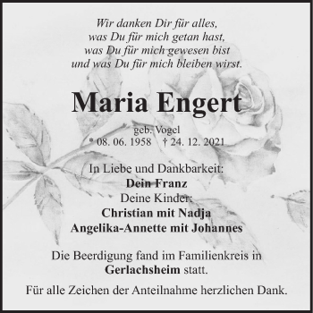 Traueranzeige von Maria Engert von Fränkische Nachrichten