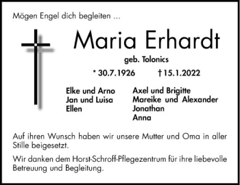 Traueranzeige von Maria Erhardt von Mannheimer Morgen