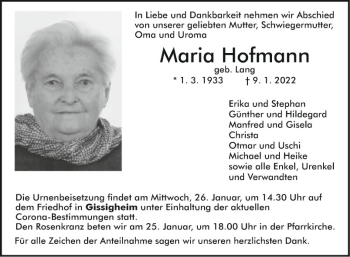 Traueranzeige von Maria Hofmann von Fränkische Nachrichten