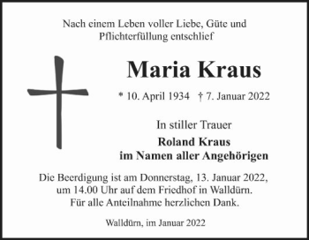 Traueranzeige von Maria Kraus von Fränkische Nachrichten