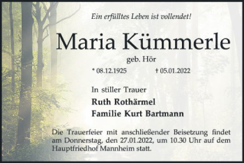 Traueranzeige von Maria Kümmerle von Mannheimer Morgen