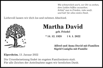 Traueranzeige von Martha David von Fränkische Nachrichten