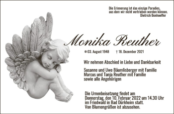 Traueranzeige von Monika Reuther von Schwetzinger Zeitung