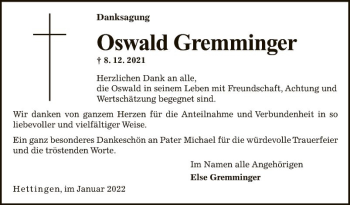 Traueranzeige von Oswald Gremminger von Fränkische Nachrichten