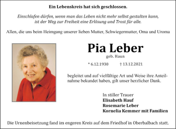 Traueranzeige von Pia Leber von Fränkische Nachrichten