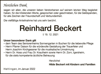 Traueranzeige von Reinhard Beckert von Fränkische Nachrichten