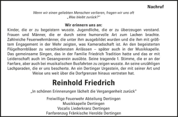 Traueranzeige von Reinhold Friedrich von Fränkische Nachrichten