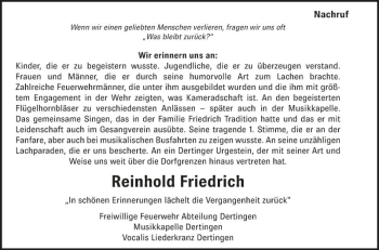 Traueranzeige von Reinhold Friedrich von Fränkische Nachrichten