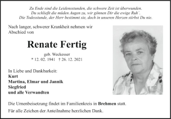 Traueranzeige von Renate Fertig von Fränkische Nachrichten