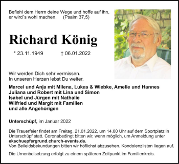 Traueranzeige von Richard König von Fränkische Nachrichten