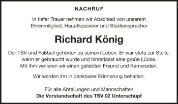 Traueranzeige von Richard König von Fränkische Nachrichten