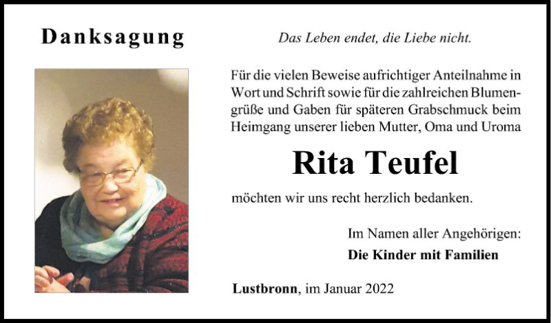  Traueranzeige für Rita Teufel vom 15.01.2022 aus Fränkische Nachrichten