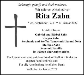 Traueranzeige von Rita Zahn von Fränkische Nachrichten