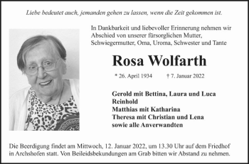 Traueranzeige von Rosa Wolfarth von Fränkische Nachrichten