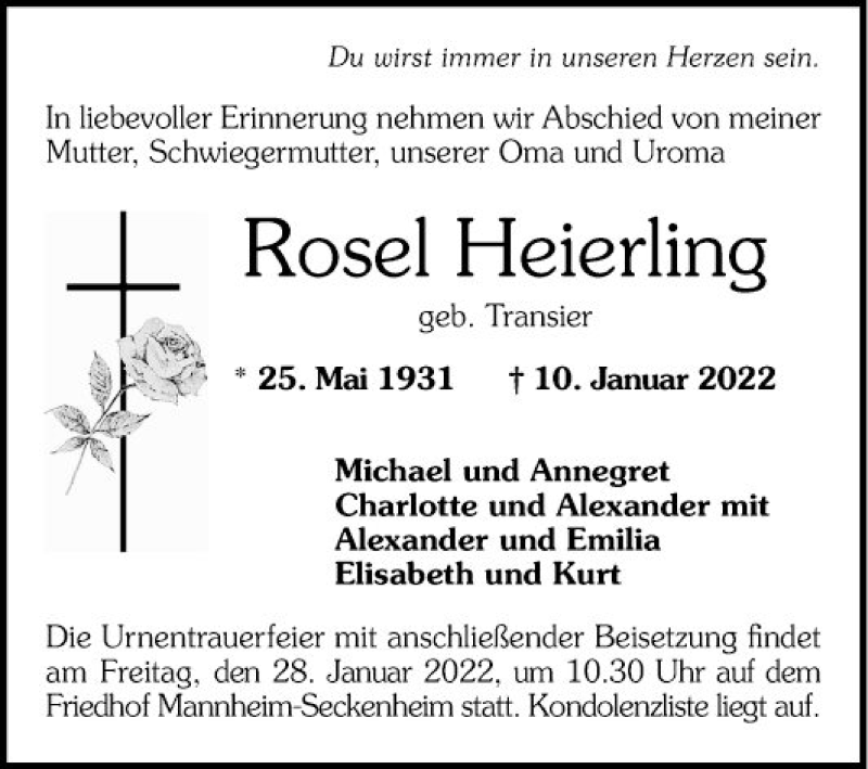  Traueranzeige für Rose Heierling vom 22.01.2022 aus Mannheimer Morgen