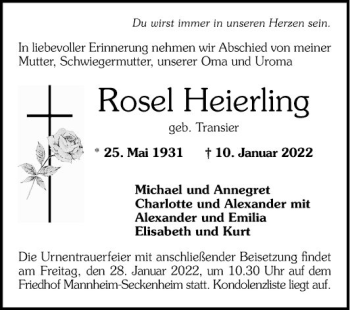 Traueranzeige von Rose Heierling von Mannheimer Morgen