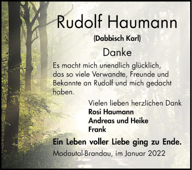  Traueranzeige für Rudolf Haumann vom 22.01.2022 aus Bergsträßer Anzeiger