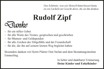 Traueranzeige von Rudolf Zipf von Fränkische Nachrichten