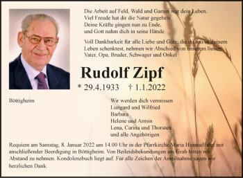 Traueranzeige von Rudolf Zipf von Fränkische Nachrichten