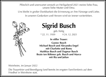 Traueranzeige von Sigrid Busch von Schwetzinger Zeitung