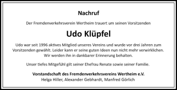 Traueranzeige von Udo Klüpfel von Fränkische Nachrichten