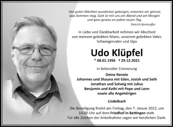 Traueranzeige von Udo Klüpfel von Fränkische Nachrichten