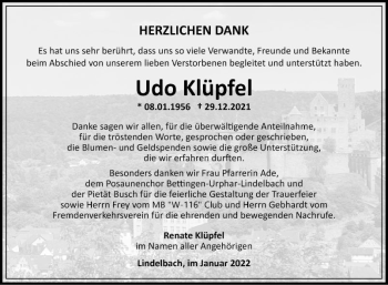 Traueranzeige von Udo Klüpfel von Fränkische Nachrichten