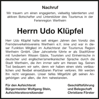 Traueranzeige von Udo Klüpfel von Fränkische Nachrichten