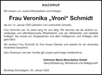 Traueranzeige von Veronika Schmidt von Fränkische Nachrichten