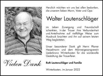 Traueranzeige von Walter Lautenschläger von Bergsträßer Anzeiger