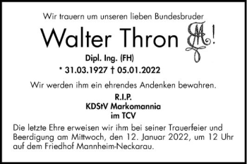 Traueranzeige von Walter Thron von Mannheimer Morgen