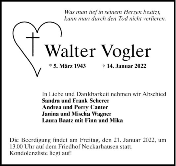 Traueranzeige von Walter Vogler von Mannheimer Morgen