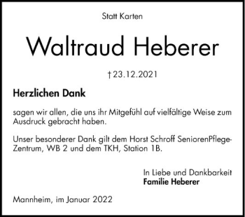 Traueranzeige von Waltraud Heberer von Mannheimer Morgen