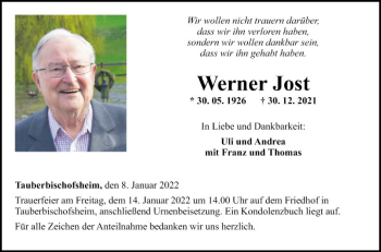 Traueranzeige von Werner lost von Fränkische Nachrichten