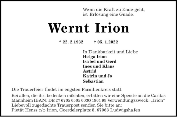 Traueranzeige von Wernt Irion von Mannheimer Morgen