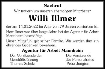 Traueranzeige von Willi Illmer von Mannheimer Morgen