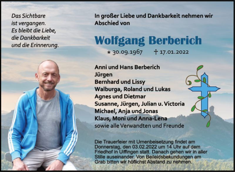  Traueranzeige für Wolfgang Berberich vom 31.01.2022 aus Fränkische Nachrichten