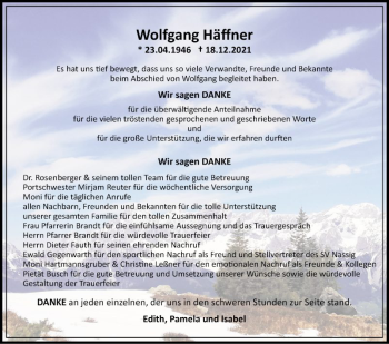 Traueranzeige von Wolfgang Häffner von Fränkische Nachrichten