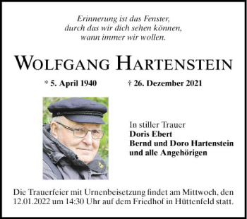 Traueranzeige von Wolfgang Hartenstein von Südhessen Morgen