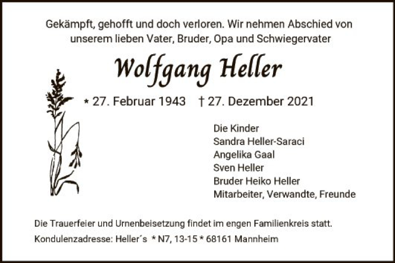  Traueranzeige für Wolfgang Heller vom 08.01.2022 aus Mannheimer Morgen