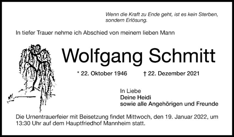  Traueranzeige für Wolfgang Schmitt vom 08.01.2022 aus Mannheimer Morgen