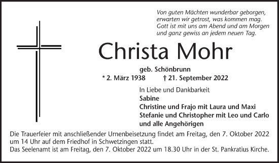 Traueranzeige von Christa Mohr 