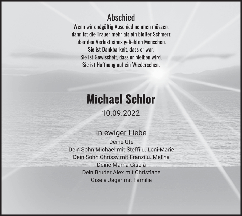  Traueranzeige für Michael Schlor vom 01.12.2022 aus 