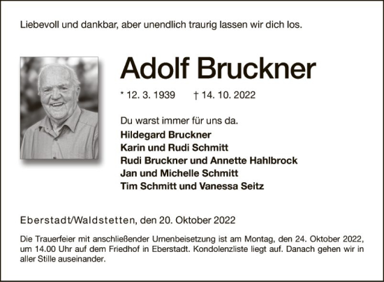 Traueranzeige von Adolf Bruckner von Fränkische Nachrichten