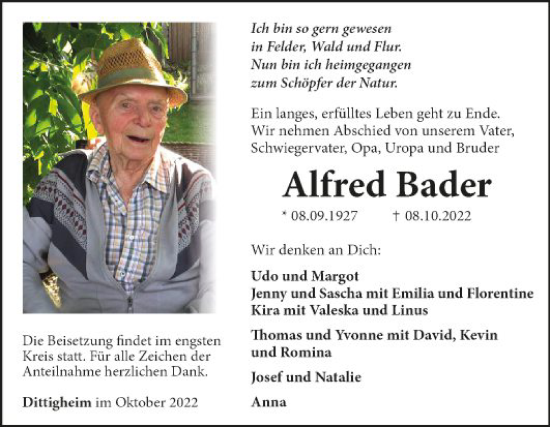 Traueranzeige von Alfred Bader von Fränkische Nachrichten