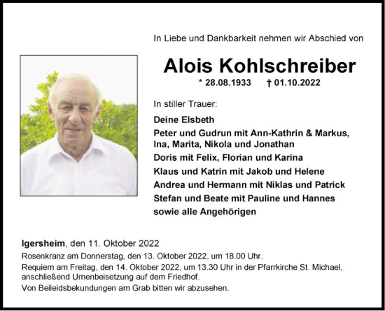 Traueranzeige von Alois Kohlschreiber von Fränkische Nachrichten