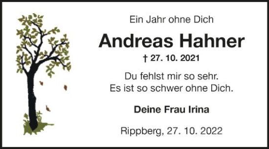 Traueranzeige von Andreas Hahner von Fränkische Nachrichten